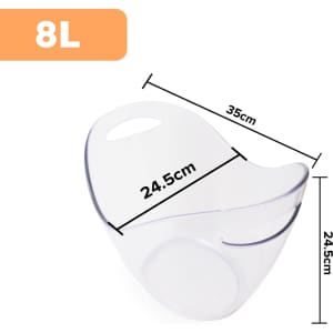 A clear 8L ice bucket with smooth edges, featuring two handles for easy carrying. Dimensions are 35cm x 24.5cm.