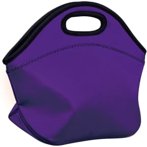 A purple neoprene lunch bag with a handle and stitched detailing. Features a logo on the side.