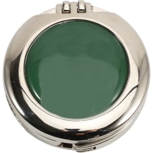 A foldable desk hook with a shiny silver finish and a green mirrored surface. It features a compact, circular design.