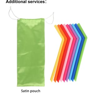 A satin pouch and a set of eight reusable silicone drinking straws in various colours including pink, blue, green, and orange.