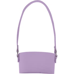 A drink bottle holder in light purple with a shoulder strap and a logo, designed for carrying beverages.