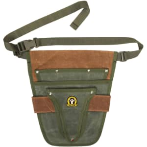 A green and brown garden tool waist pouch with multiple pockets and an adjustable strap. It has a logo on the front.