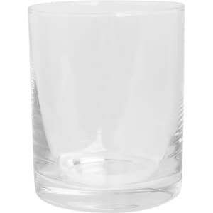 A clear glass whiskey glass with a smooth, cylindrical shape and a subtly thick base.