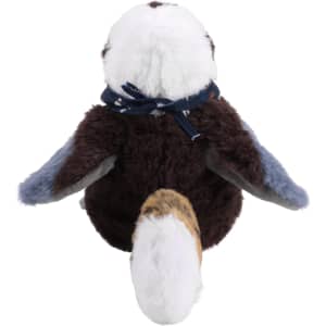 A Kookaburra plush toy with brown and grey fur, featuring a white head and a blue ribbon around its neck.