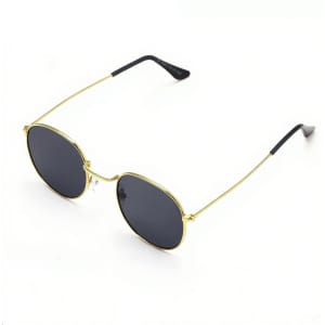 Classic metal sunglasses with a gold frame and black lenses, featuring a logo on the temple.