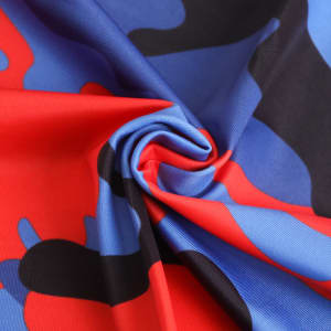 Polyester neck gaiter featuring a blue, red, and black camouflage pattern, with a logo present in the design.