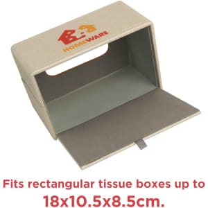 A medium rectangular tissue box in a beige and grey colour, featuring a handle and an inner compartment for tissues.