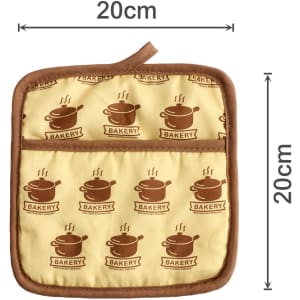 A large quilted pot holder in yellow with brown baking-themed patterns and a hanging loop, measuring 20cm by 20cm.