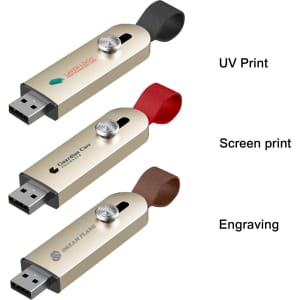 Three sliding metal flash drives in gold with various coloured straps: red, black, and brown. Each has a logo on the body.
