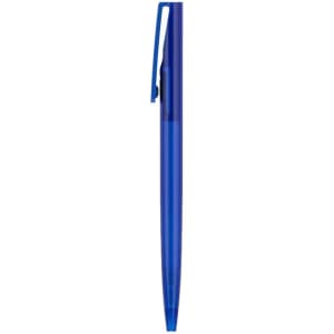A blue plastic pen with a transparent barrel and a clip on top. It features a logo on the barrel.