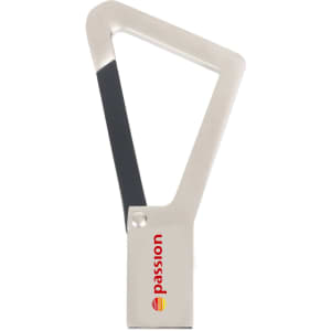 A triangular silver carabiner USB flash drive with a black accent and a logo.