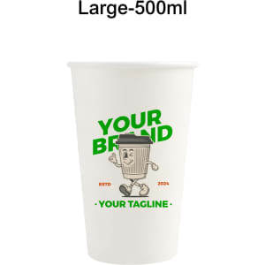 A large, white, compostable paper cup designed for beverages, featuring a logo and playful graphics.