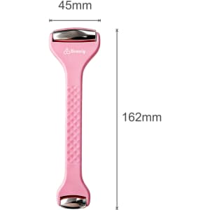 A pink ice massager roller with double heads, featuring a textured handle and a logo. Dimensions are 45mm by 162mm.
