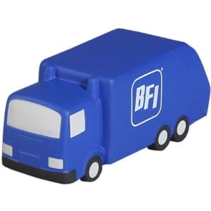 A blue garbage truck-shaped stress reliever with a simple design and a logo on the side.