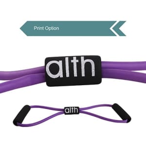 A Figure 8 resistance band with handles in purple, featuring a logo on the central strap.