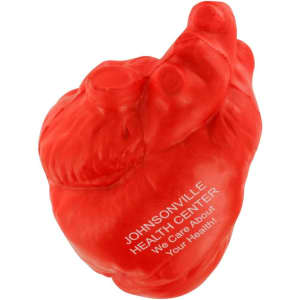 A red heart-shaped stress reliever featuring a logo. Made of soft material, suitable for squeezing.