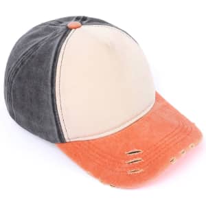 A distressed cotton baseball cap featuring a black and beige top with an orange brim and visible wear.