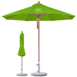 A green, 4x4m wind-resistant octagon outdoor umbrella with a wooden pole and a base, alongside a folded umbrella.