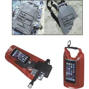 A red and grey 2L full-colour dry bag with a PVC window, featuring a logo and designed for waterproof storage.