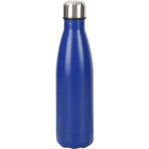 A drink bottle featuring a blue stainless steel exterior with a silver screw top lid and a branding logo.