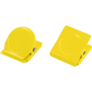 Two yellow metal magnetic clips sitting side by side, featuring a round and a square design. Each has a logo.