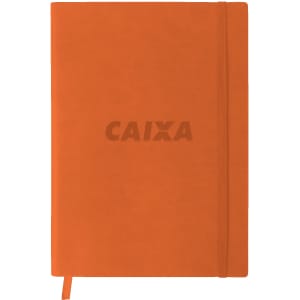 An orange B5 PU cover notebook with an elastic closure and a logo on the front.