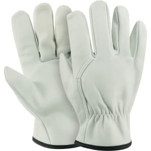Light grey leather work gloves with elasticised wrist and a smooth finish, featuring a branding logo.