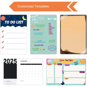 A collection of colourful template designs including a to-do list, a planner, and a school timetable.