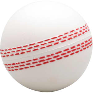 A white stress ball shaped like a cricket ball, featuring red stitching details and a smooth surface.