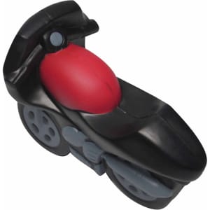A black and red motorbike-shaped stress reliever with grey details and a logo.