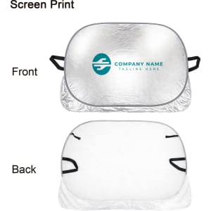 An aluminum car snow cover with a silver reflective front and a white back, featuring a logo.