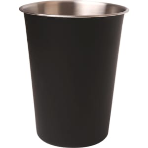 A stainless steel cup in black, featuring a sleek design with a metallic interior and a logo.