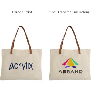 A beige canvas bag with brown leather straps, featuring printed logos on both sides.