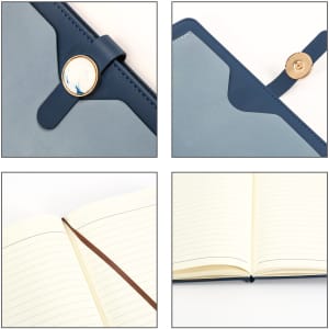 A magnetic buckle pocket notebook featuring a blue and grey exterior and blank lined pages inside.