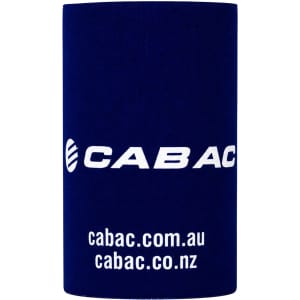 A navy blue stubby holder featuring a logo and website details on a plain background.