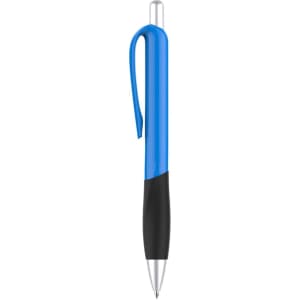 A plastic pen with a blue barrel and black grip, featuring a silver clip and tip, showcasing a simple design.