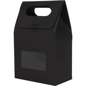 A black die cut handle bag with a window, featuring a simple design and a cut-out handle for easy carrying.