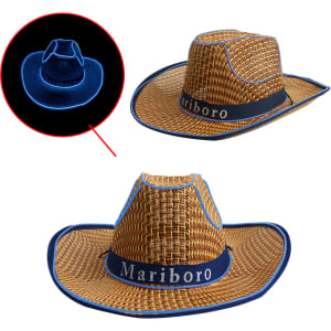 A light-up straw hat in brown, featuring a blue trim and a decorative band. Includes a logo on the band.