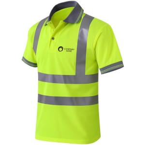 A hi-vis reflective short-sleeve polo shirt in bright yellow with grey reflective stripes and a logo.