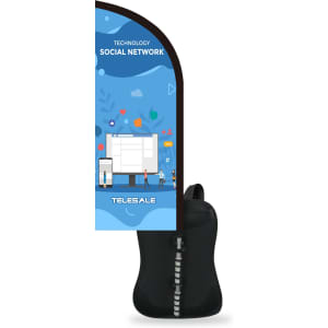 A feather backpack flag with a blue design, featuring a black holder and a logo.
