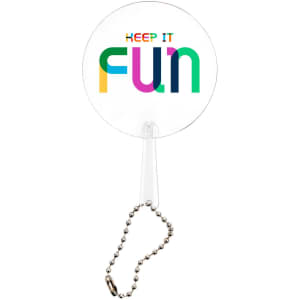 A mini PVC hand fan with a transparent circular design and multicoloured lettering, featuring a keychain attachment.