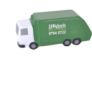 A green garbage truck-shaped stress reliever with a white front and a logo on the side.
