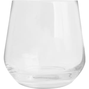 A wine glass made of clear glass with a tapered design and a sturdy base. It has a glossy finish.