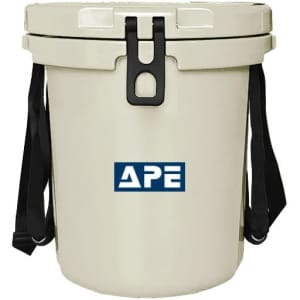 A 15L cream ice bucket with a black rope handle and a logo on the front.