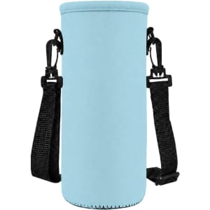 A drink bottle carrier in light blue, featuring a fabric exterior and adjustable black straps. It has a logo.
