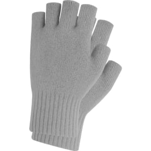 A pair of grey knitted fingerless gloves featuring a ribbed cuff and a woven label.