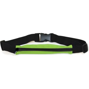 A green and black running belt with a zippered pouch and adjustable straps, featuring a logo.