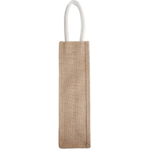 A jute wine carrier in a natural beige colour with white handles and a simple design.