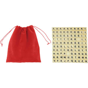 A red drawstring bag alongside a set of square wooden letter tiles in a grid layout, featuring various letters.