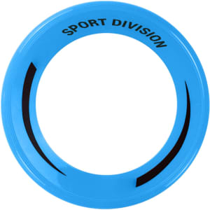 A blue flying disc with a black design and a logo on the surface.